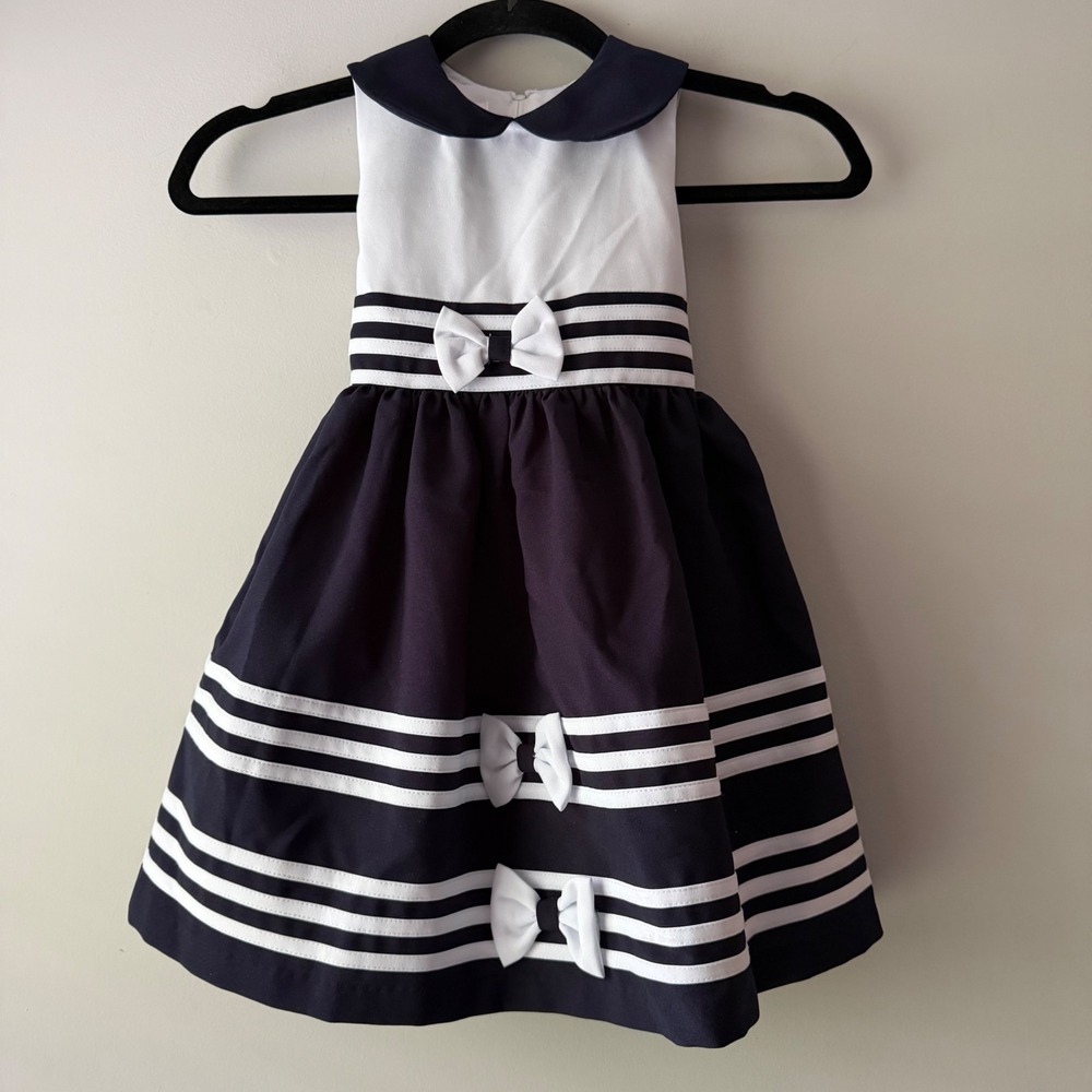 Jessica Ann Nautical Dress Girls 4 Navy Blue Excellent Bow Striped Peter Pan
